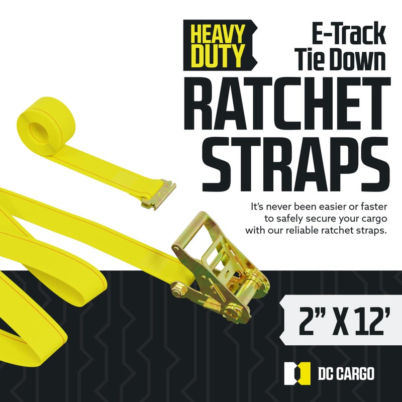 DC Cargo Mall E Track Ratchet Straps Cargo Tie-Downs, (Pack of 2) 2 x 12 Heavy Duty Yellow Tie-Down Rachet Straps, Strong Ratchet Strap, E Track Spring Fittings, Tie Down Motorcycle - Image 2